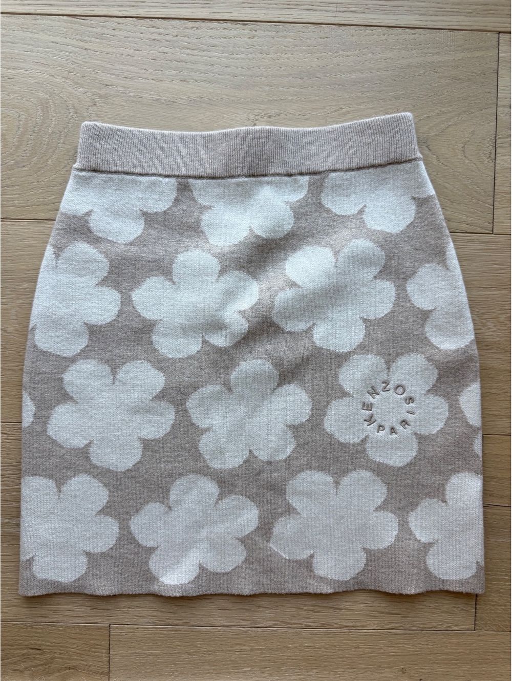 Kenzo Paris Floral Intarsia Knit Wool Blend Mini Skirt Beige XS